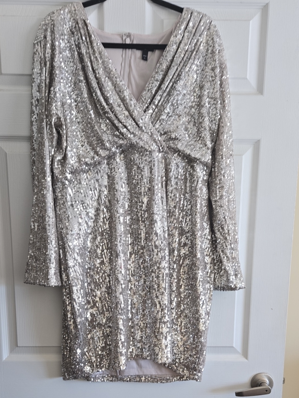 Express Silver Sequin Long-Sleeve Wrap Dress